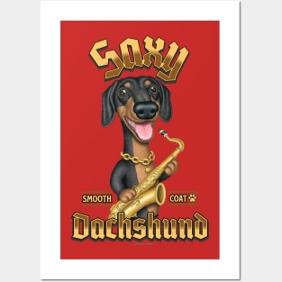 Fun Doxie Dog with sax with gold colored words Posters and Art
